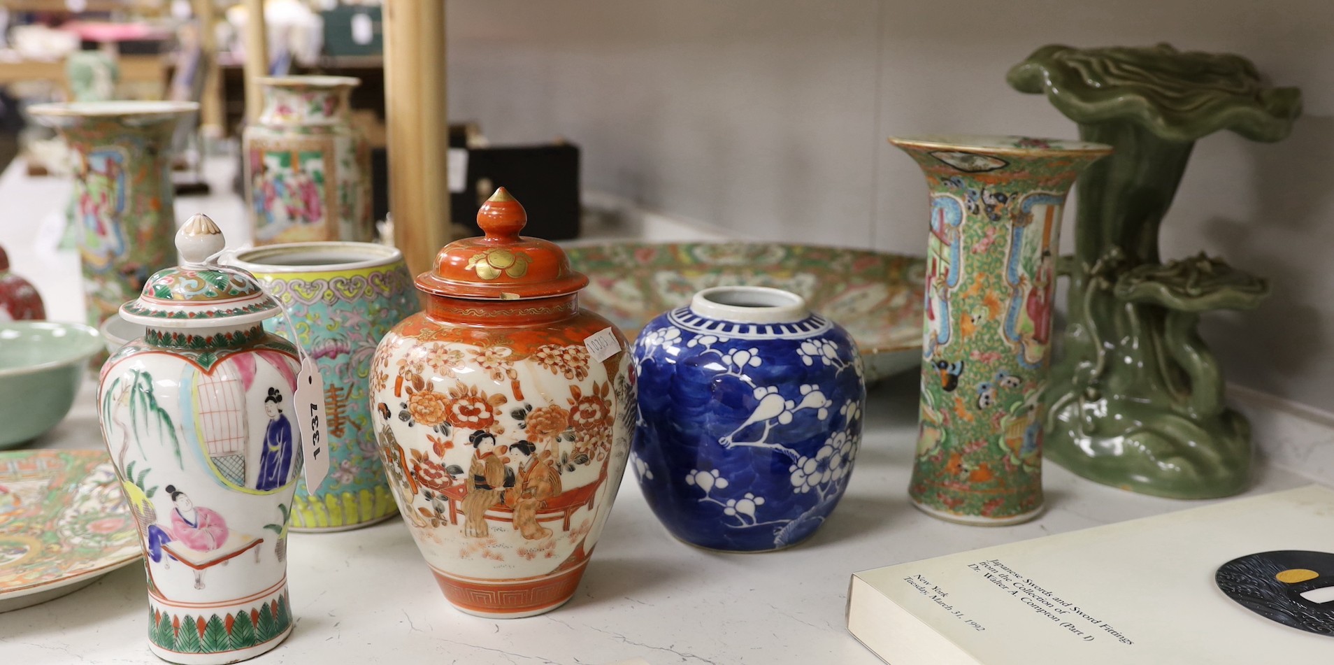 A Chinese famille charger, three vases and a plate, together with other Chinese and Japanese ceramics (13 items), Charger 48 cms diameter